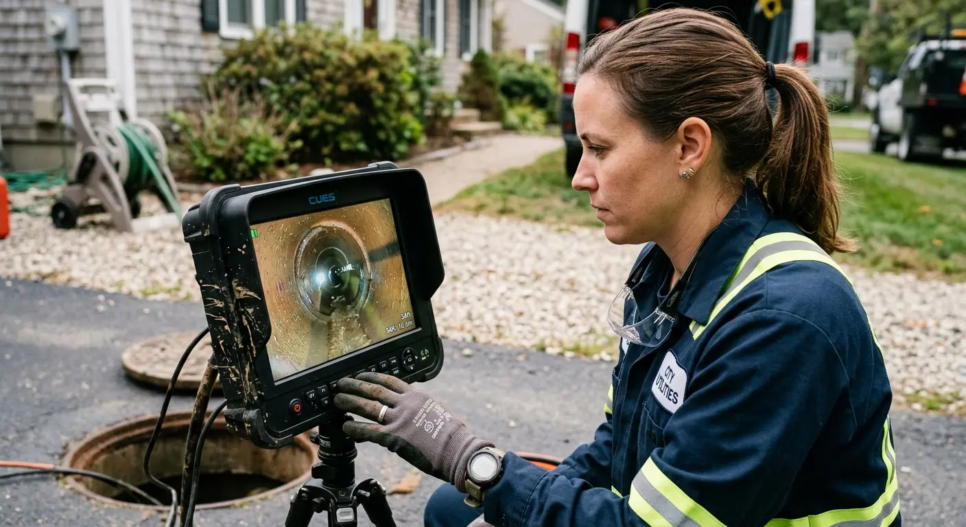 Technician reviewing sewer camera inspection footage in Wisconsin Rapids