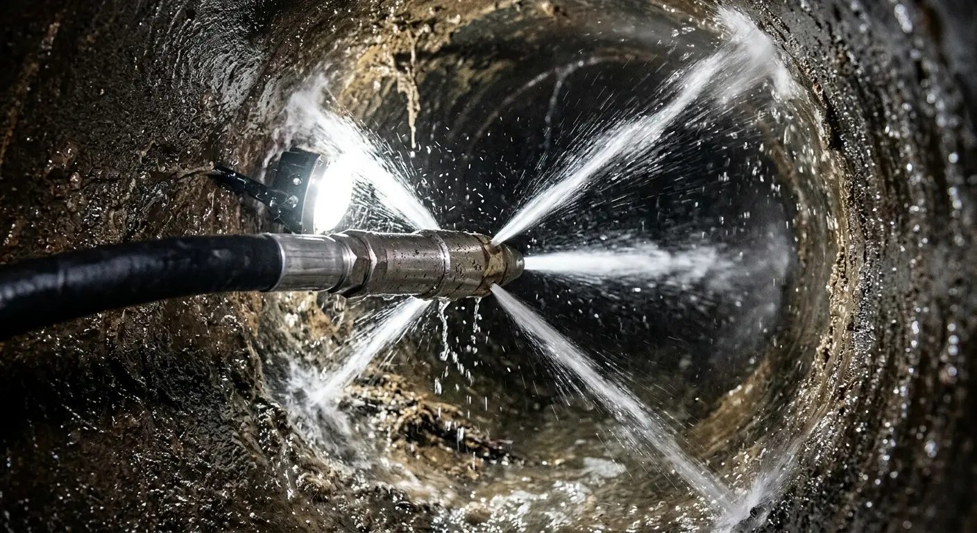 High-pressure hydro jetting nozzle cleaning sewer pipe for Emergency Drain Service in Wisconsin Rapids