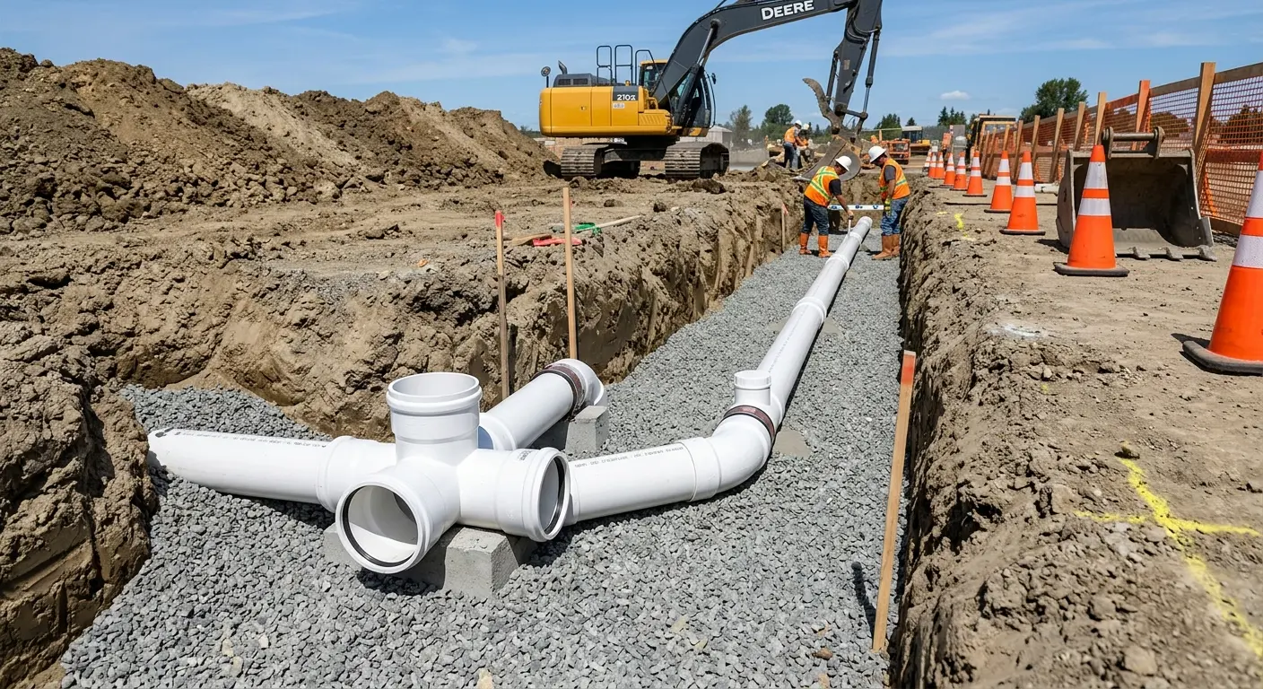 New PVC sewer pipe installation in open trench for Sewer Backup in Wisconsin Rapids