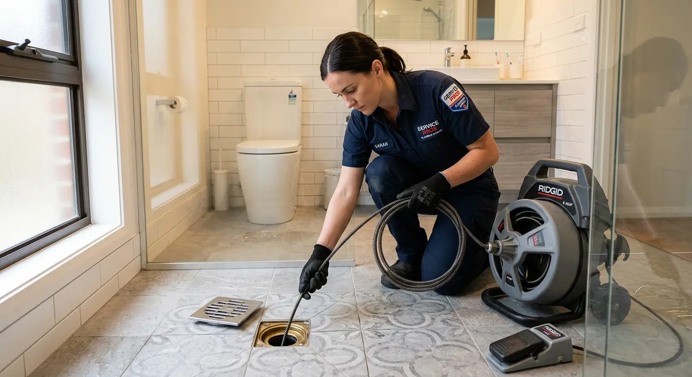 Technician clearing a bathroom floor drain for Drain Cleaning in Wisconsin Rapids